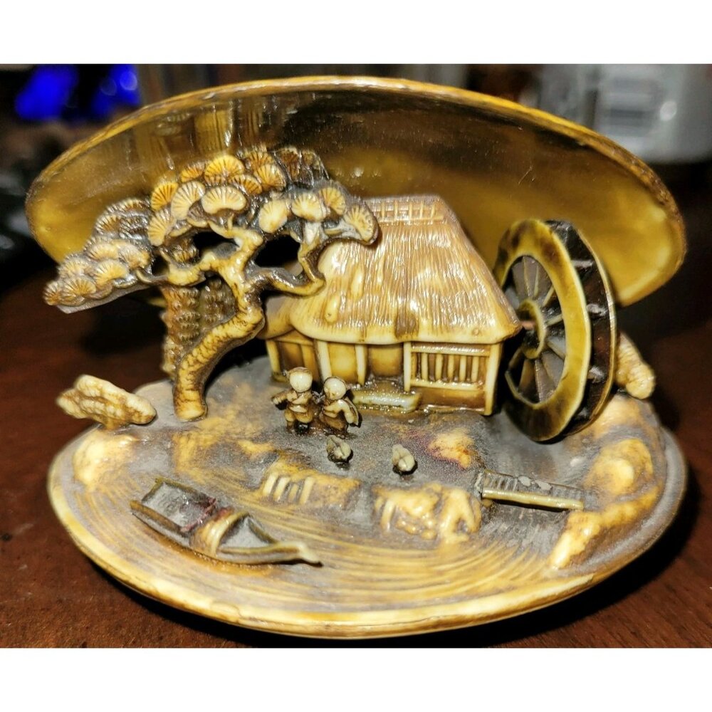 Japanese Carved Celluloid Diorama Clam Shell Spinning Water Wheel Antique UNIQUE